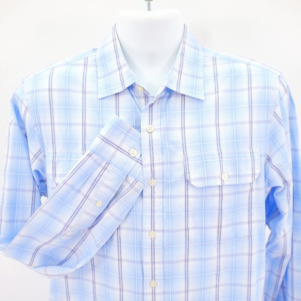 Michael‎ Kors Blue White Plaid Medium Collared Dress Shirt Pockets Cotton